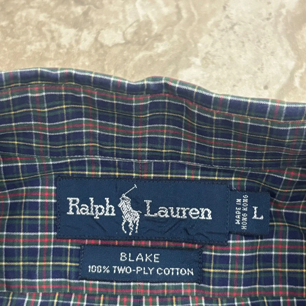 Ralph Lauren Blake Mens Large Plaid Button Down Shirt Navy Green 100% Cotton